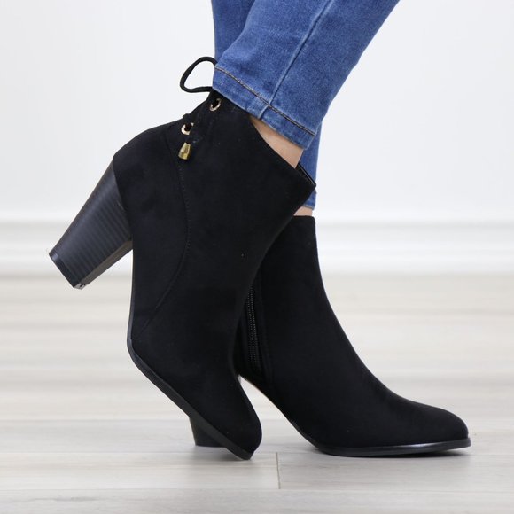 Black Pointed Toe Low Heel Ankle Boots Back Laces Booties Faux Suede - Picture 4 of 15